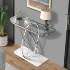 Console — Plateau en verre et marbre, piètement en métal géométrique