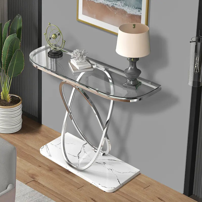 Console — Plateau en verre et marbre, piètement en métal géométrique