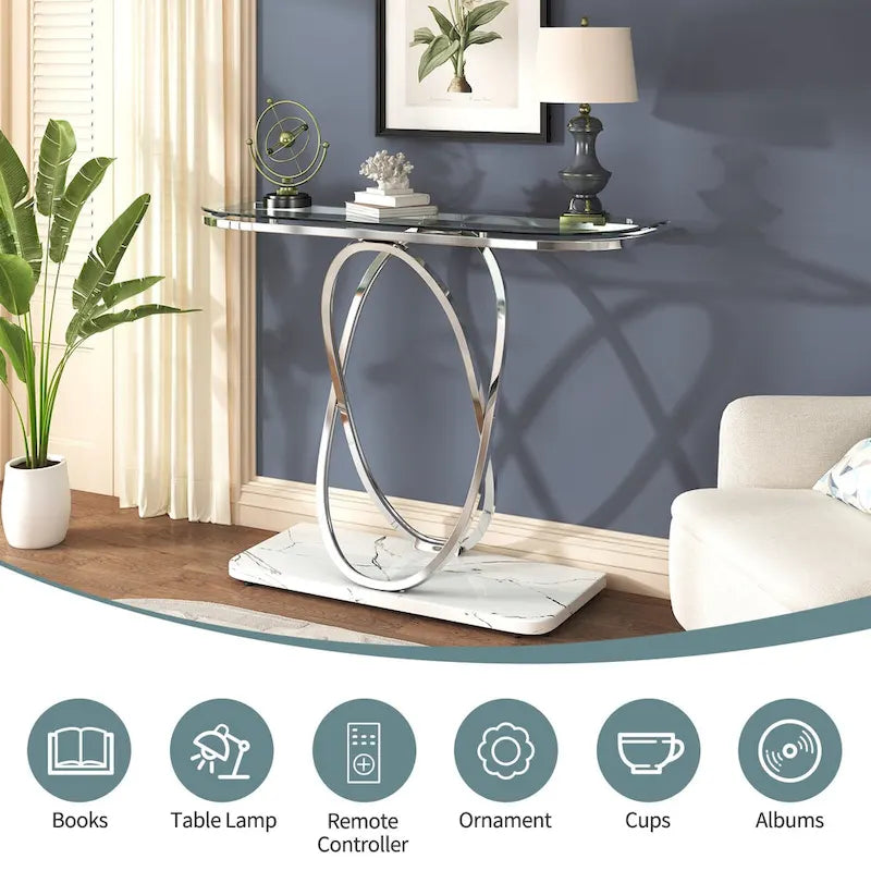 Console — Plateau en verre et marbre, piètement en métal géométrique