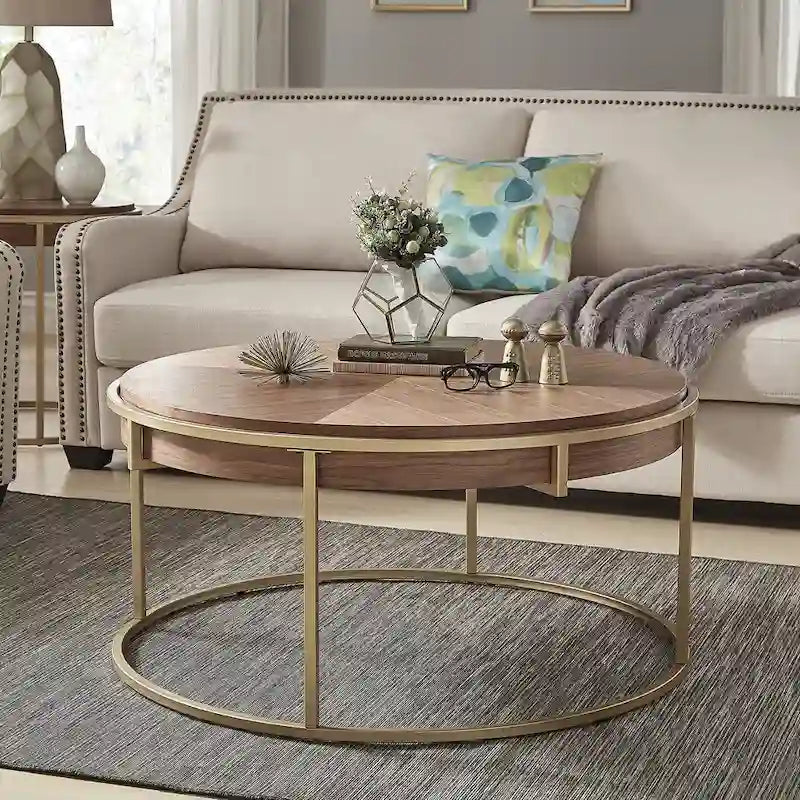Table basse ronde avec base en métal — Fini naturel/noyer, ensemble de 1 à 2 pièces