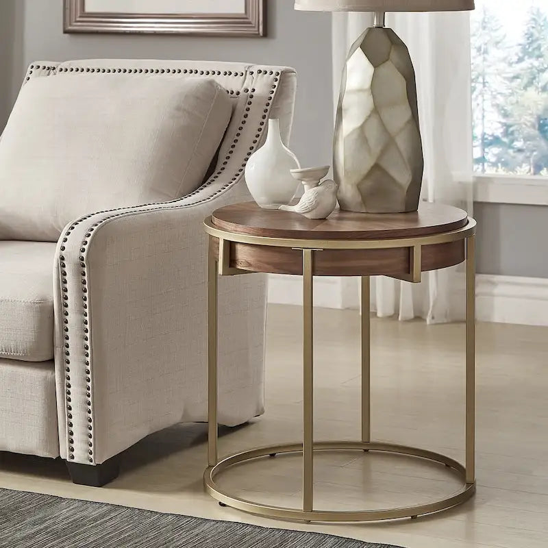 Table basse ronde avec base en métal — Fini naturel/noyer, ensemble de 1 à 2 pièces