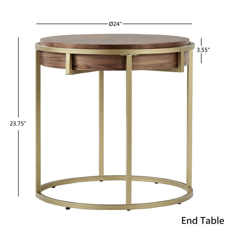 Table basse ronde avec base en métal — Fini naturel/noyer, ensemble de 1 à 2 pièces