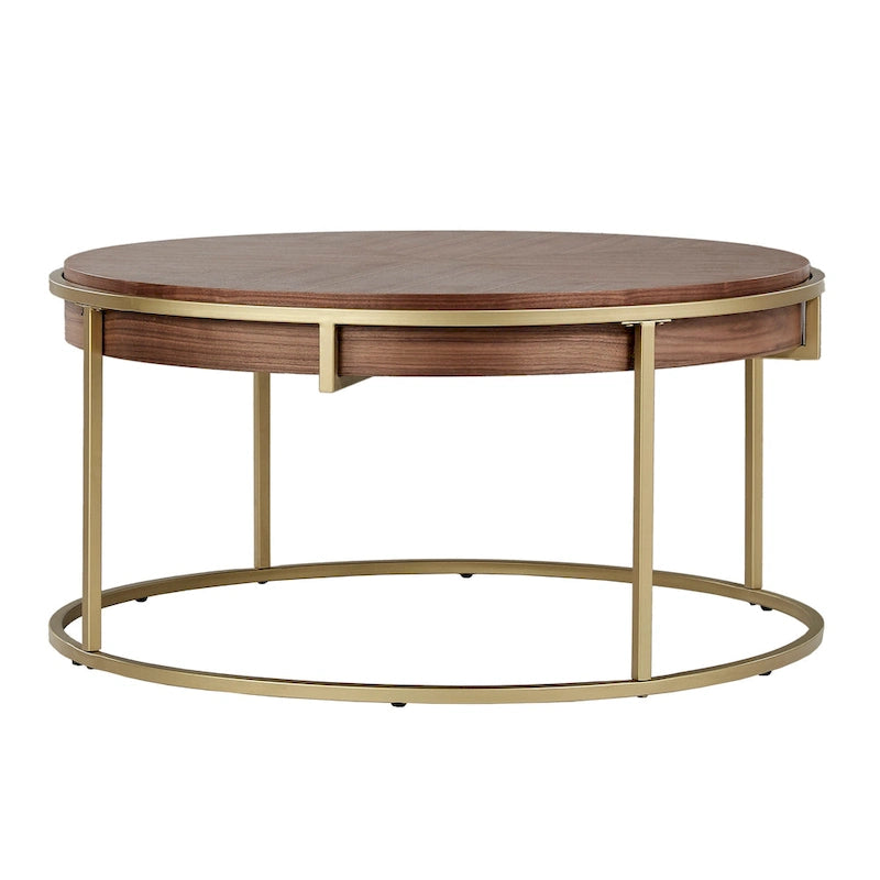 Table basse ronde avec base en métal — Fini naturel/noyer, ensemble de 1 à 2 pièces
