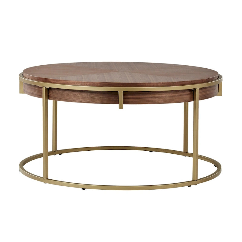 Table basse ronde avec base en métal — Fini naturel/noyer, ensemble de 1 à 2 pièces