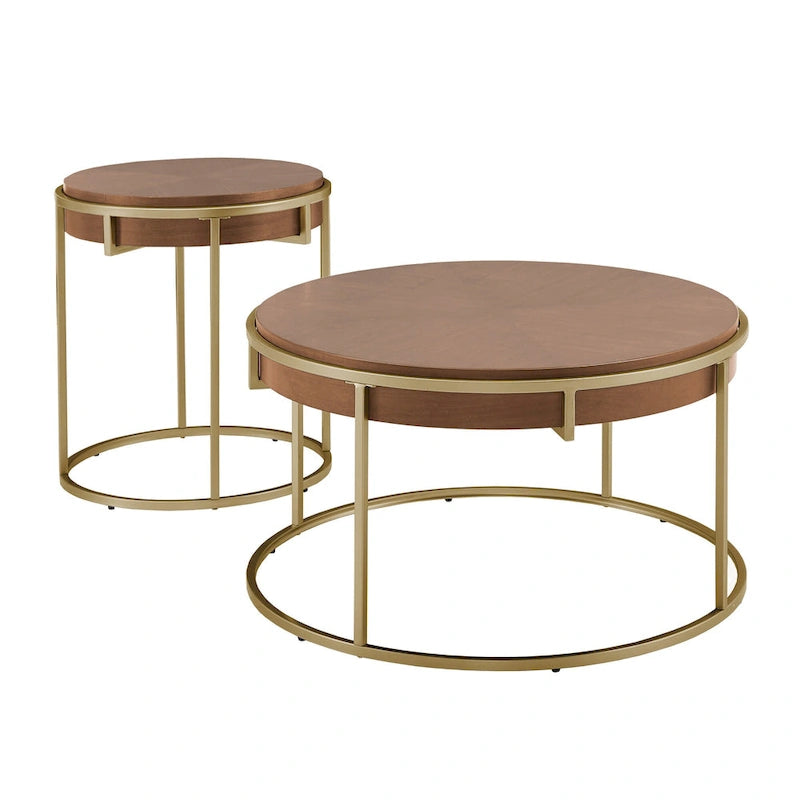 Table basse ronde avec base en métal — Fini naturel/noyer, ensemble de 1 à 2 pièces
