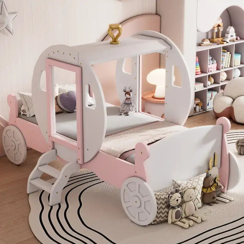 Lit plateforme de style carrosse avec escalier — Blanc et rose, Jumeau, 1 personne