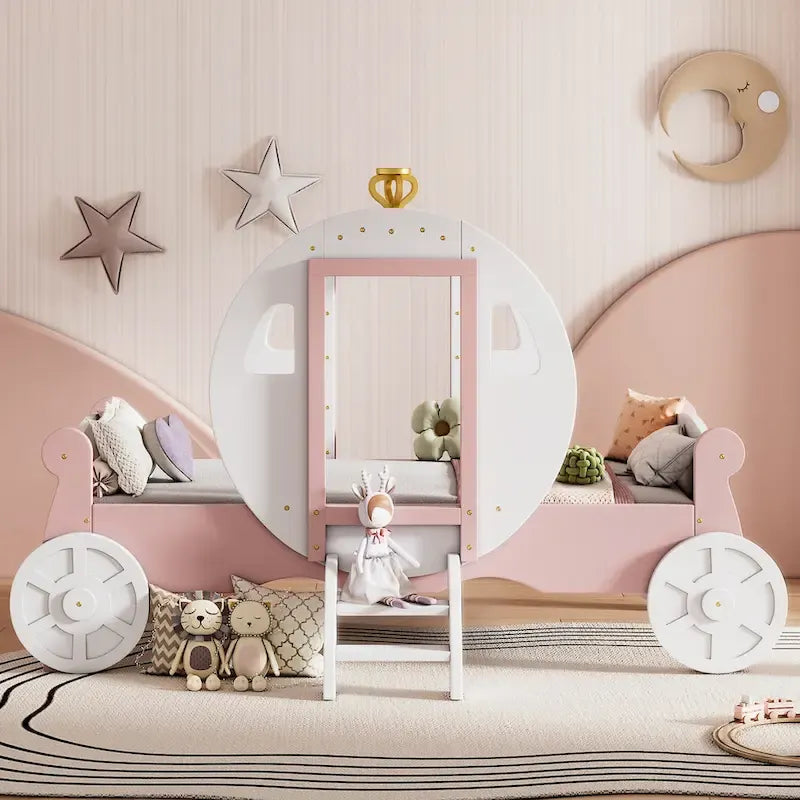 Lit plateforme de style carrosse avec escalier — Blanc et rose, Jumeau, 1 personne