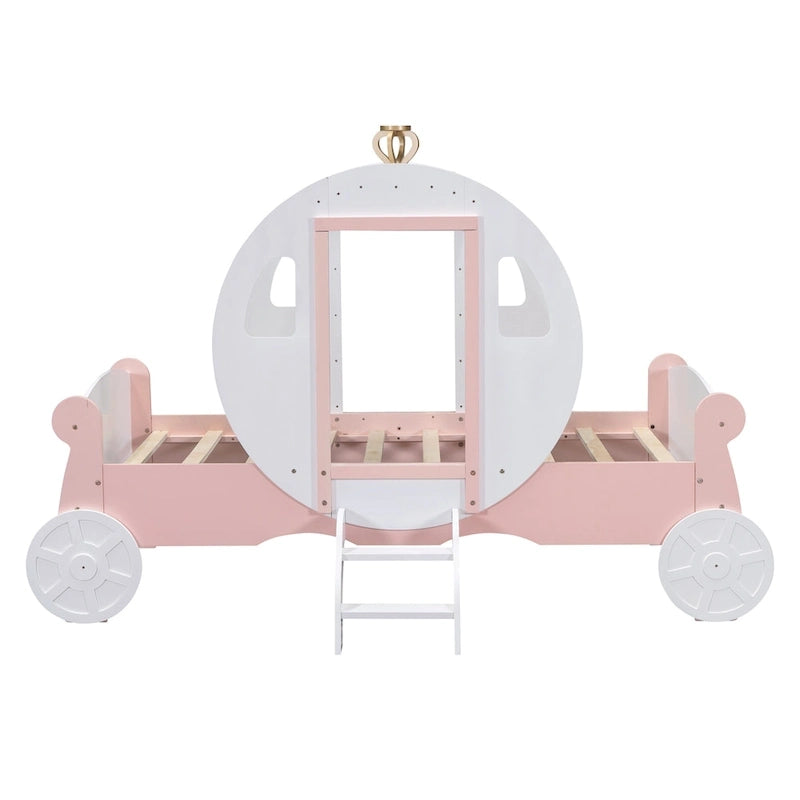 Lit plateforme de style carrosse avec escalier — Blanc et rose, Jumeau, 1 personne