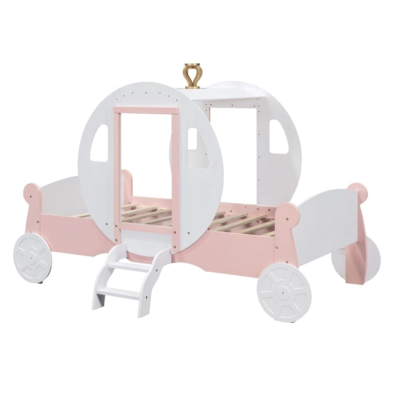 Lit plateforme de style carrosse avec escalier — Blanc et rose, Jumeau, 1 personne