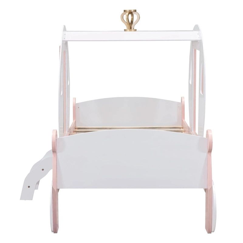 Lit plateforme de style carrosse avec escalier — Blanc et rose, Jumeau, 1 personne