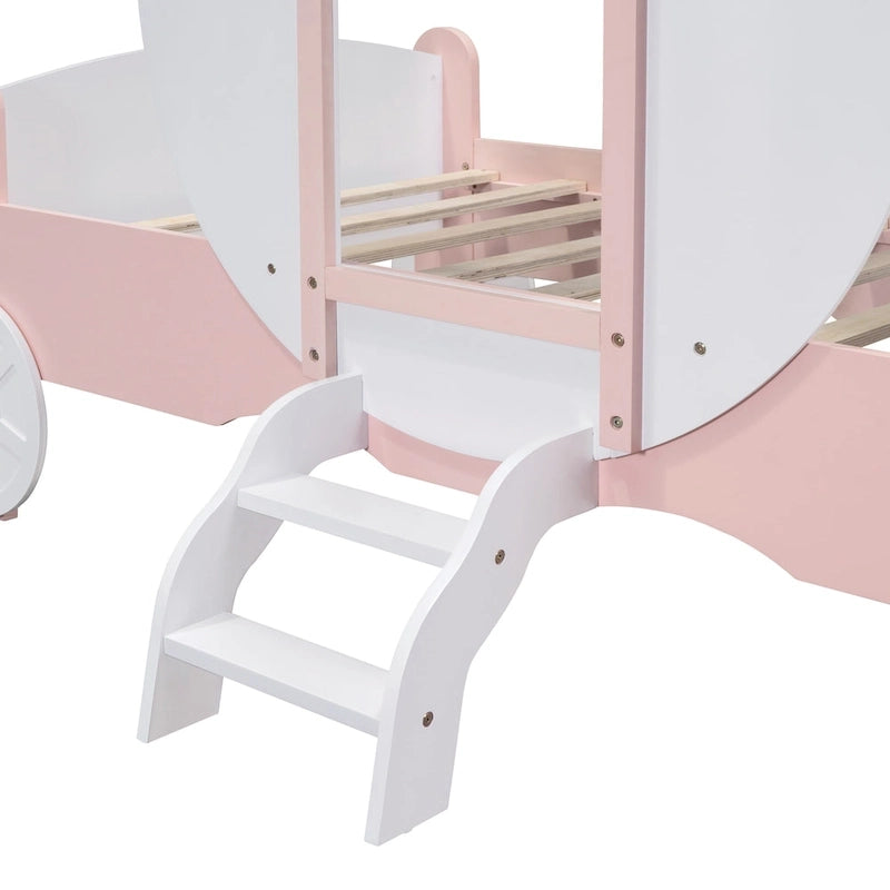 Lit plateforme de style carrosse avec escalier — Blanc et rose, Jumeau, 1 personne