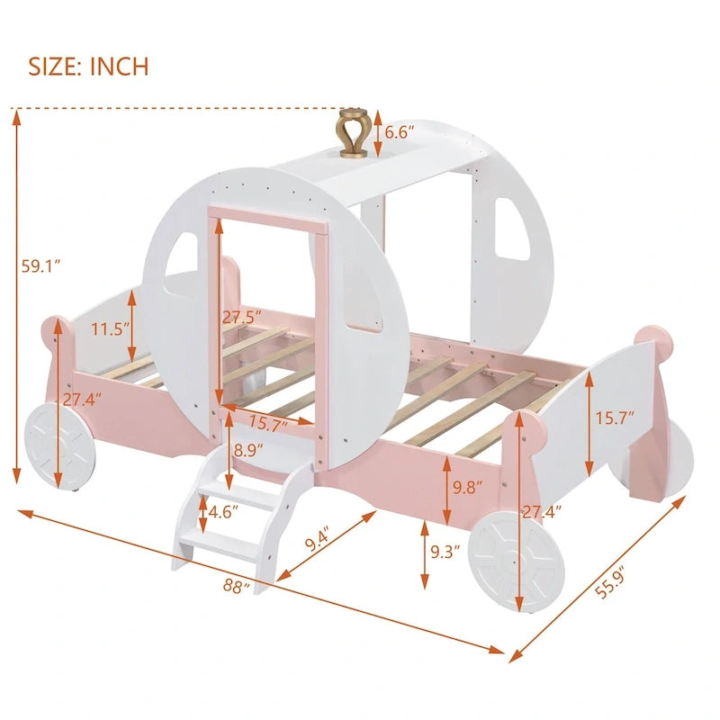 Lit plateforme de style carrosse avec escalier — Blanc et rose, Jumeau, 1 personne