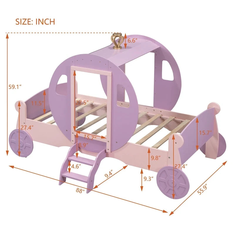 Lit plateforme de style carrosse avec escalier — Blanc et rose, Jumeau, 1 personne