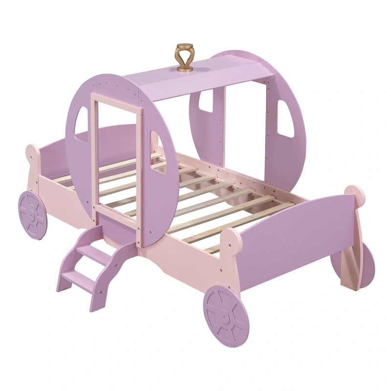Lit plateforme de style carrosse avec escalier — Blanc et rose, Jumeau, 1 personne