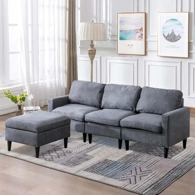 Canapé sectionnel convertible beige/gris/jaune/bleu avec pouf – 3-4 places