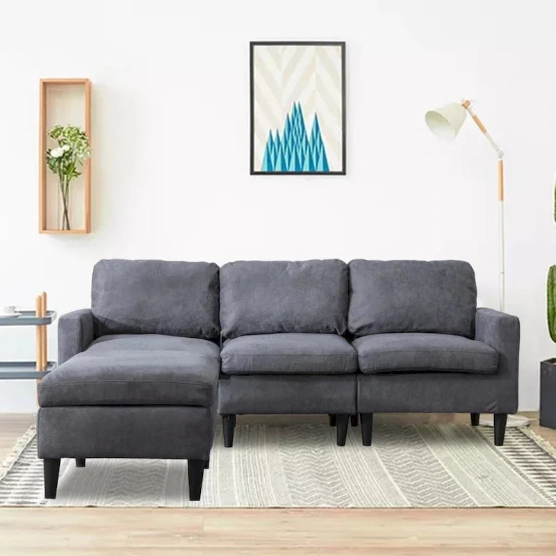 Canapé sectionnel convertible beige/gris/jaune/bleu avec pouf – 3-4 places