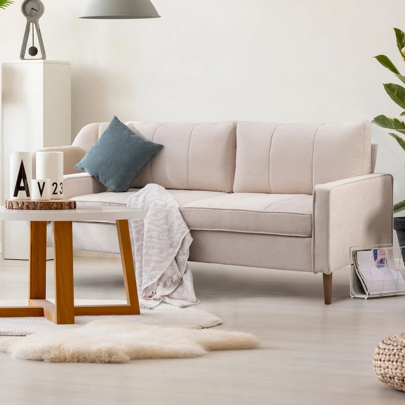 Canapé sectionnel convertible beige/gris/jaune/bleu avec pouf – 3-4 places