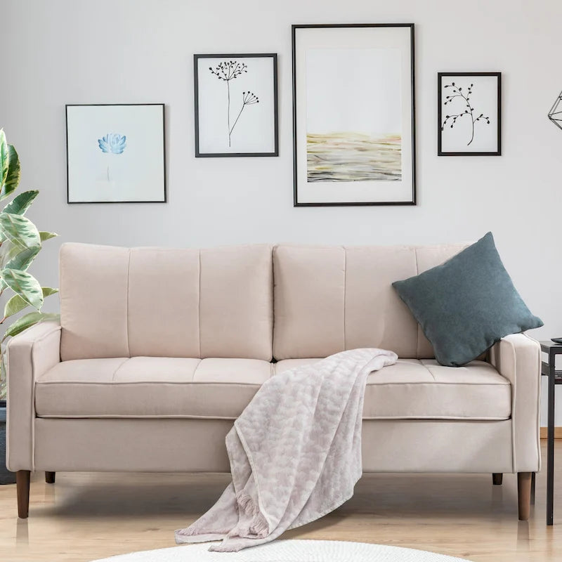 Canapé sectionnel convertible beige/gris/jaune/bleu avec pouf – 3-4 places