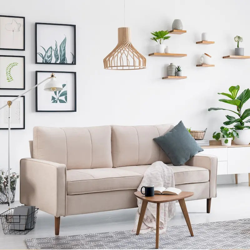 Canapé sectionnel convertible beige/gris/jaune/bleu avec pouf – 3-4 places