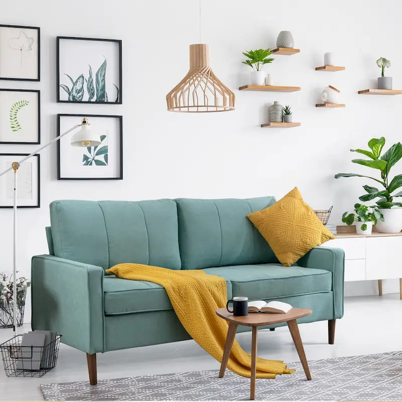 Canapé sectionnel convertible beige/gris/jaune/bleu avec pouf – 3-4 places