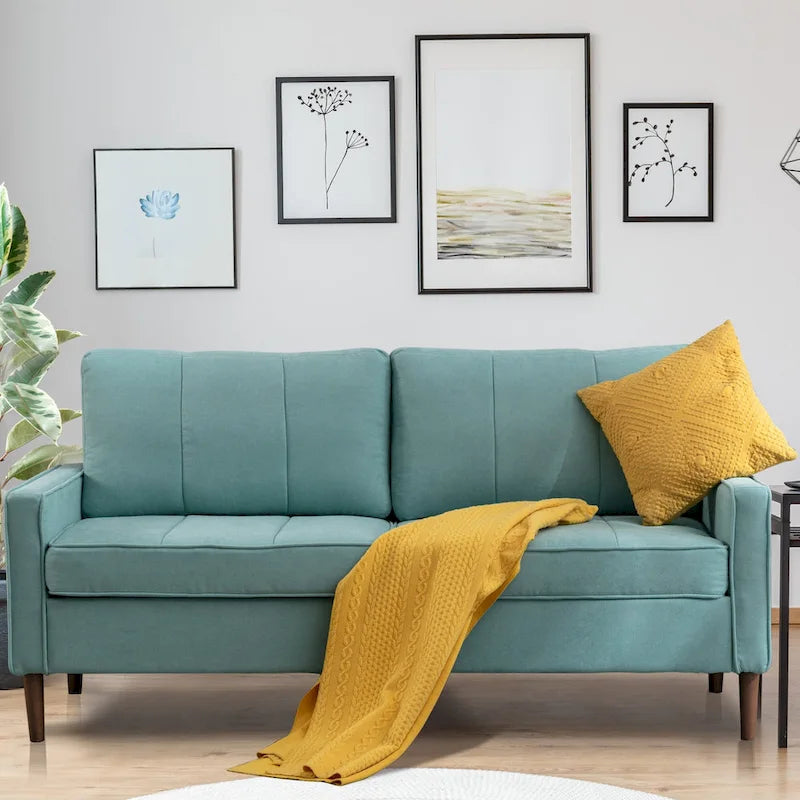 Canapé sectionnel convertible beige/gris/jaune/bleu avec pouf – 3-4 places