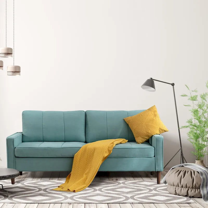 Canapé sectionnel convertible beige/gris/jaune/bleu avec pouf – 3-4 places