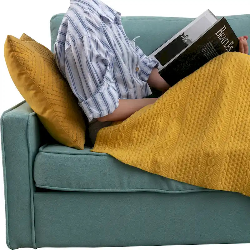 Canapé sectionnel convertible beige/gris/jaune/bleu avec pouf – 3-4 places