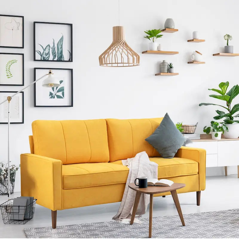 Canapé sectionnel convertible beige/gris/jaune/bleu avec pouf – 3-4 places