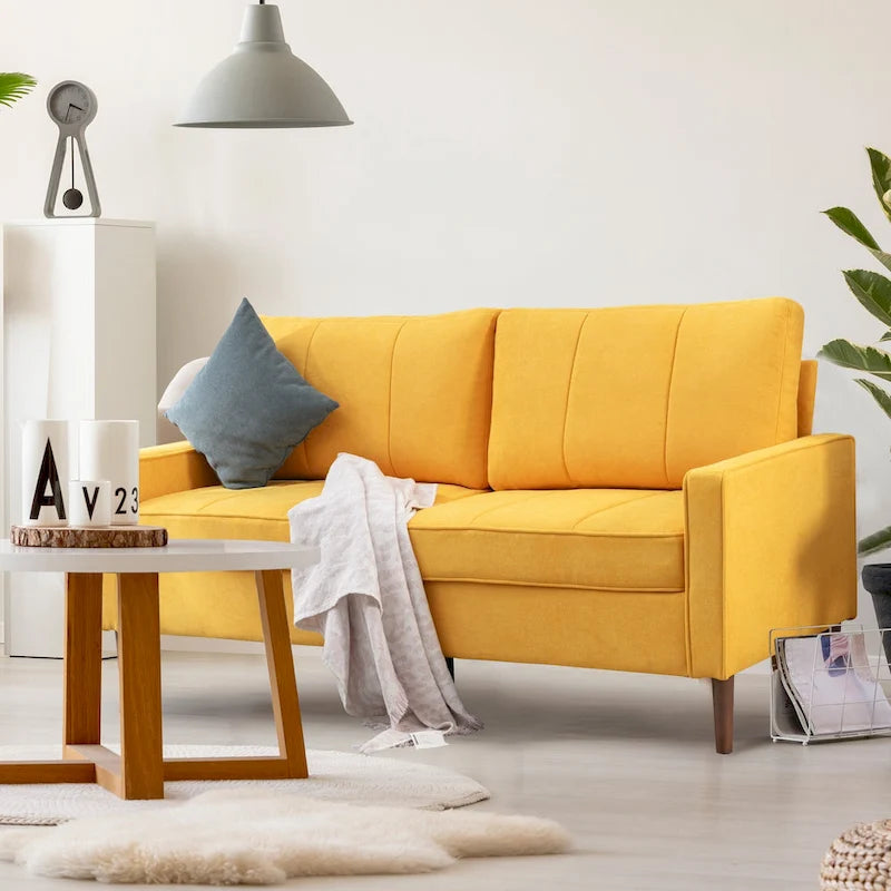 Canapé sectionnel convertible beige/gris/jaune/bleu avec pouf – 3-4 places