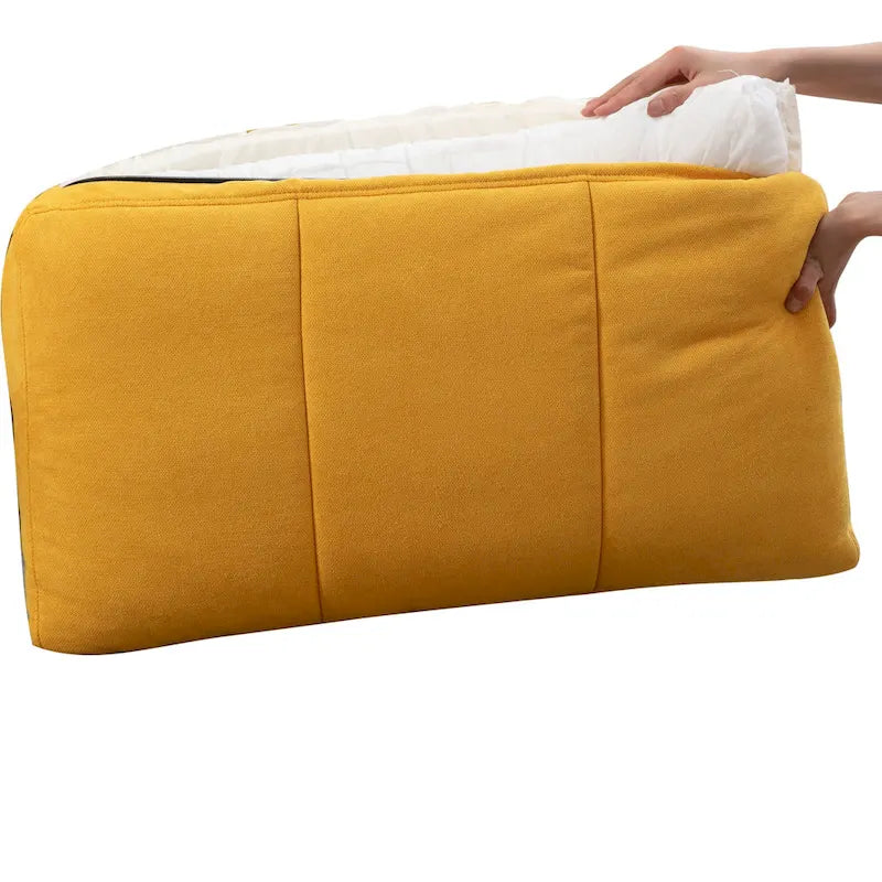 Canapé sectionnel convertible beige/gris/jaune/bleu avec pouf – 3-4 places