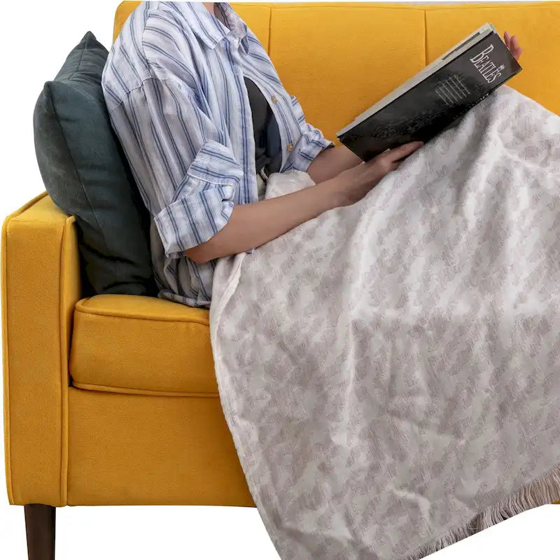 Canapé sectionnel convertible beige/gris/jaune/bleu avec pouf – 3-4 places