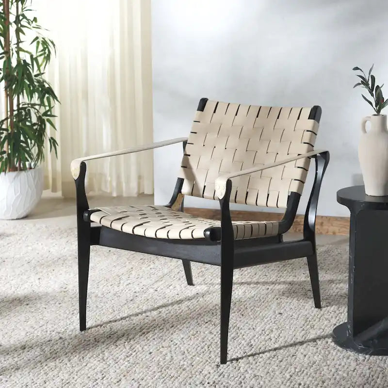Fauteuil Safari, lanières en cuir tressé — Blanc / Crème / Marron / Noir — 1 place
