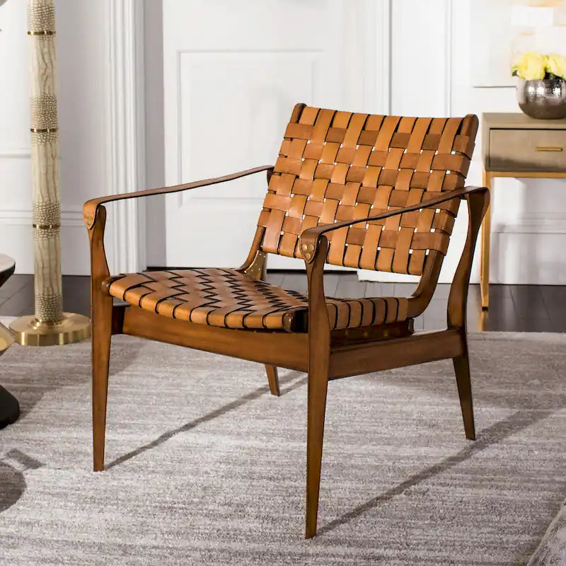 Fauteuil Safari, lanières en cuir tressé — Blanc / Crème / Marron / Noir — 1 place
