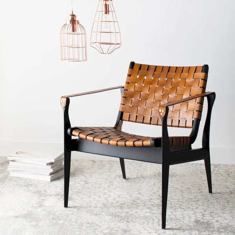 Fauteuil Safari, lanières en cuir tressé — Blanc / Crème / Marron / Noir — 1 place