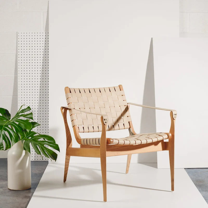 Fauteuil Safari, lanières en cuir tressé — Blanc / Crème / Marron / Noir — 1 place