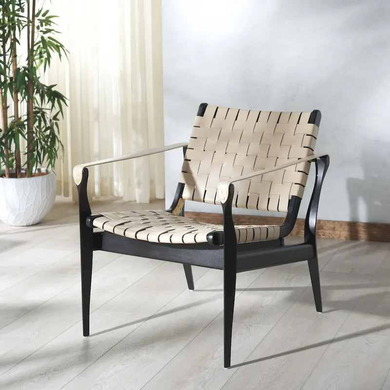Fauteuil Safari, lanières en cuir tressé — Blanc / Crème / Marron / Noir — 1 place