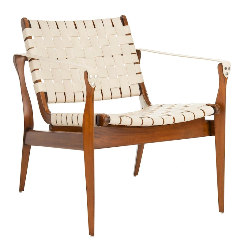 Fauteuil Safari, lanières en cuir tressé — Blanc / Crème / Marron / Noir — 1 place