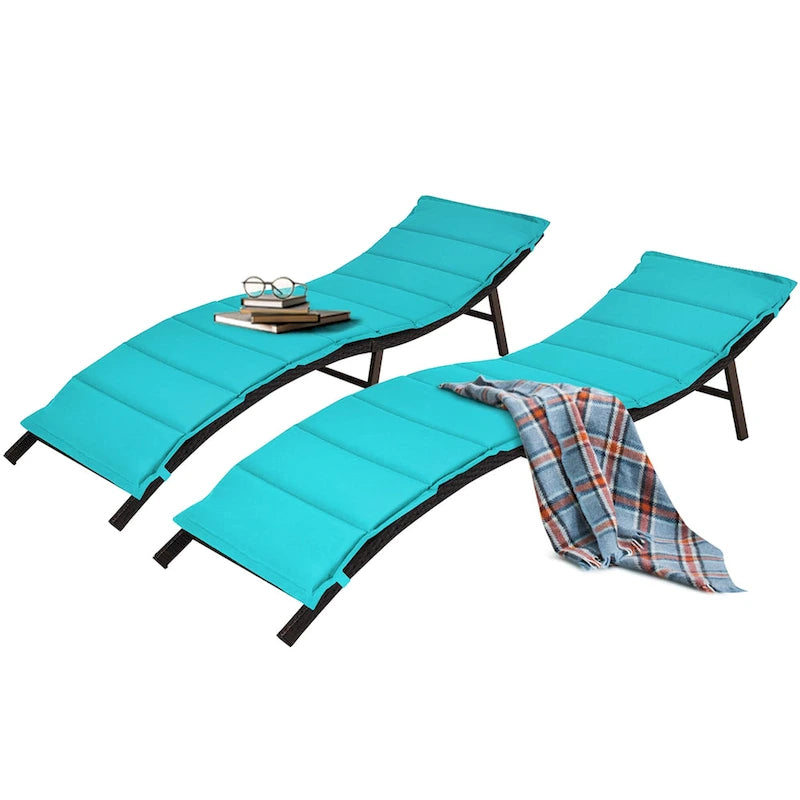 Chaises longues pliantes en osier marron et turquoise, lot de 2