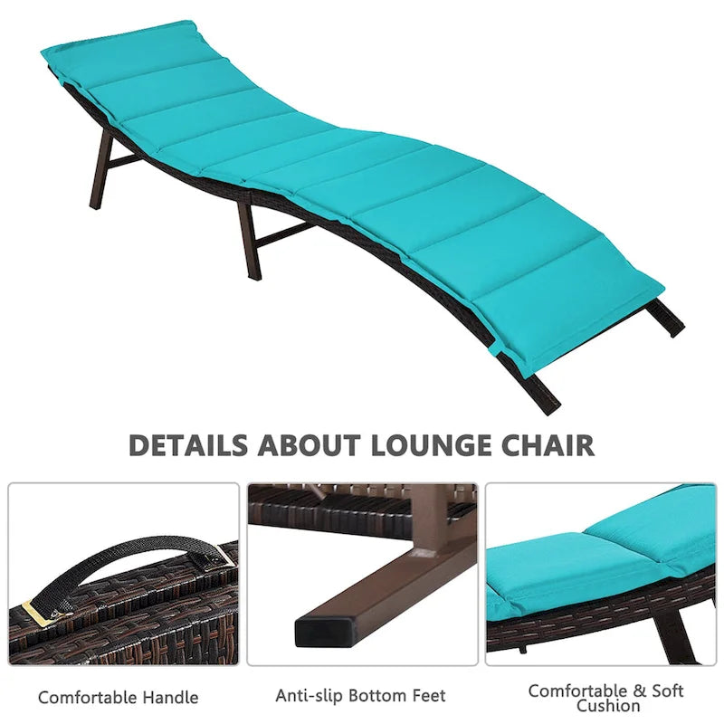 Chaises longues pliantes en osier marron et turquoise, lot de 2