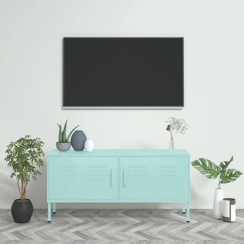 Meuble TV en acier à 2 portes — Bleu marine / Menthe / Orange