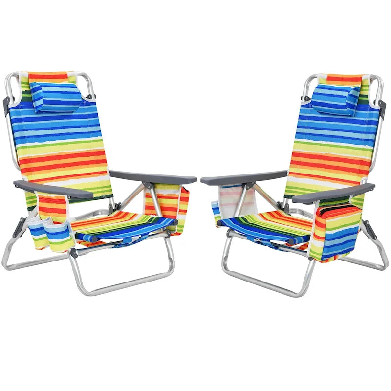 Ensemble de 2 chaises de plage pliantes et inclinables Bleues Orange Jaunes
