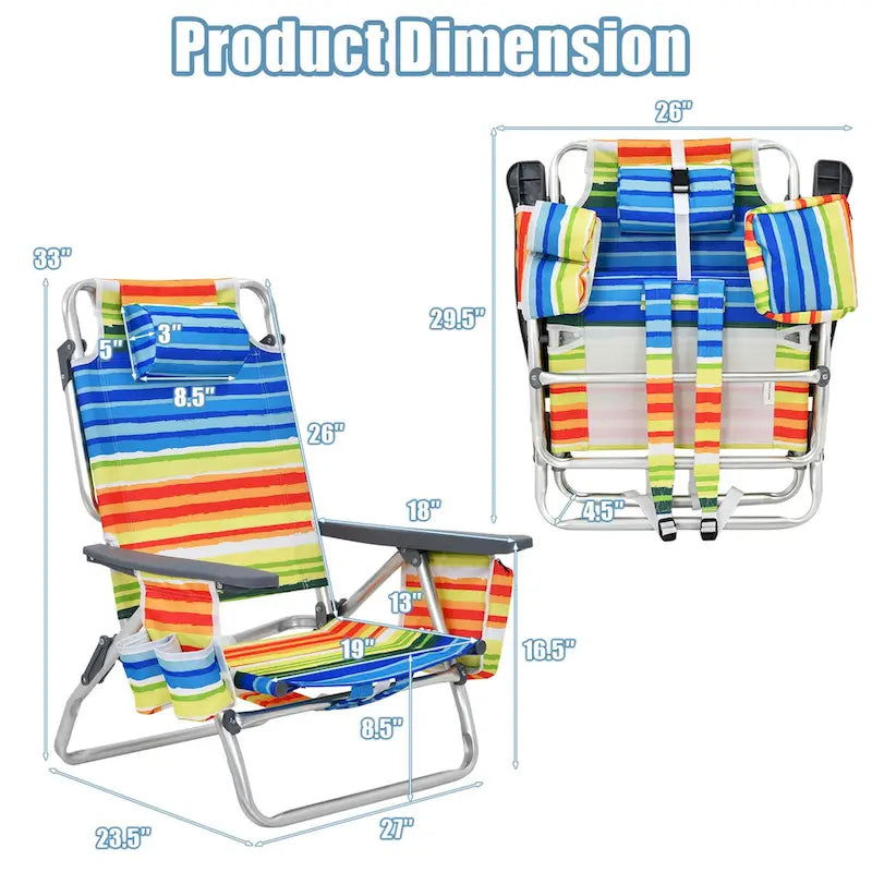 Ensemble de 2 chaises de plage pliantes et inclinables Bleues Orange Jaunes