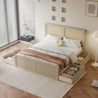 Lit Plateforme Antique Espresso / Rotin Naturel avec 4 Tiroirs, Grand Lit/Grand Lit Queen, 1 Place