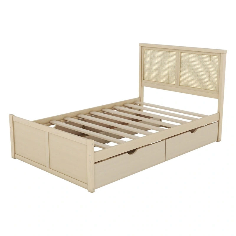 Lit Plateforme Antique Espresso / Rotin Naturel avec 4 Tiroirs, Grand Lit/Grand Lit Queen, 1 Place