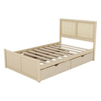 Lit Plateforme Antique Espresso / Rotin Naturel avec 4 Tiroirs, Grand Lit/Grand Lit Queen, 1 Place