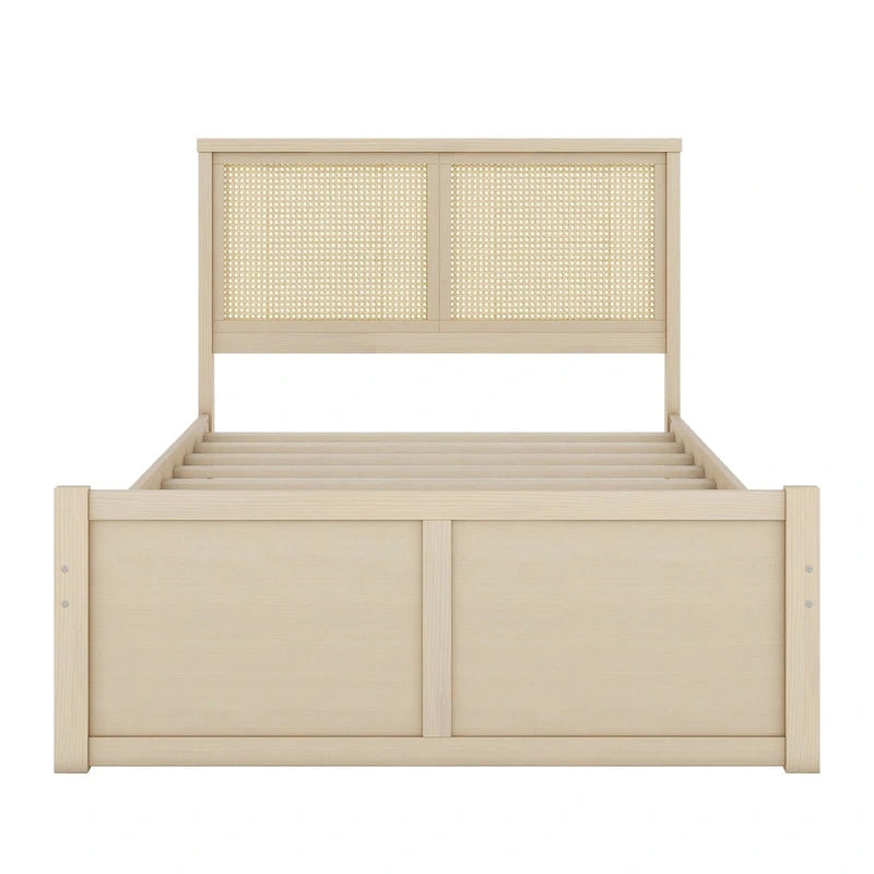 Lit Plateforme Antique Espresso / Rotin Naturel avec 4 Tiroirs, Grand Lit/Grand Lit Queen, 1 Place