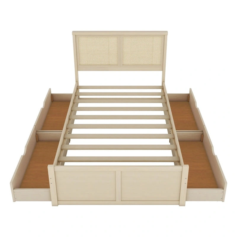 Lit Plateforme Antique Espresso / Rotin Naturel avec 4 Tiroirs, Grand Lit/Grand Lit Queen, 1 Place