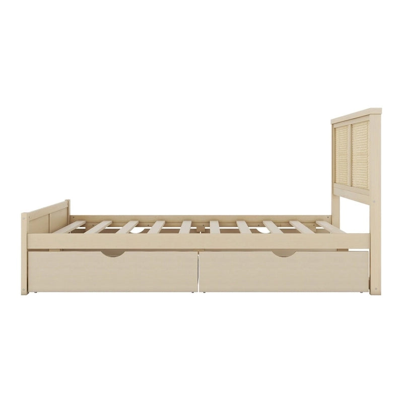 Lit Plateforme Antique Espresso / Rotin Naturel avec 4 Tiroirs, Grand Lit/Grand Lit Queen, 1 Place