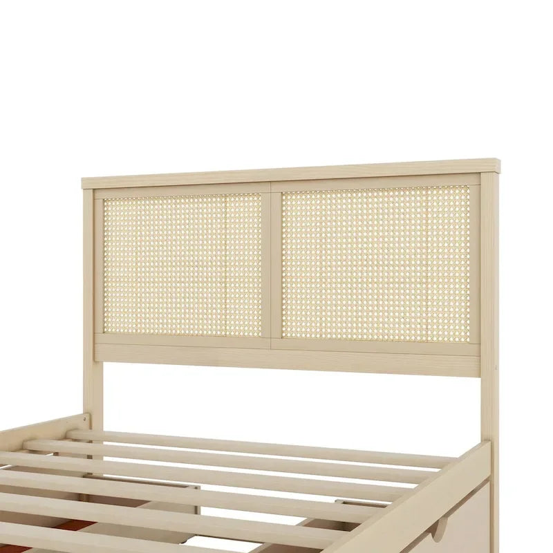 Lit Plateforme Antique Espresso / Rotin Naturel avec 4 Tiroirs, Grand Lit/Grand Lit Queen, 1 Place