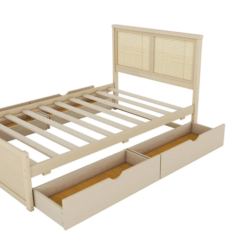Lit Plateforme Antique Espresso / Rotin Naturel avec 4 Tiroirs, Grand Lit/Grand Lit Queen, 1 Place